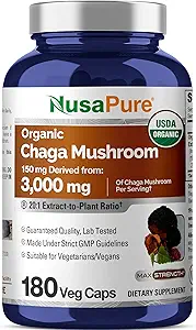 [BRSROHY3CMMQAAA6] NusaPure Chaga Mushroom 20:1 Extract, 150 mg Equivalent to 3,000mg per Veggie Capsule, 180 Count, USDA Organic, Vegan, Non-GMO