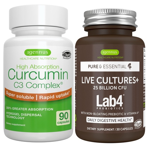 [BRSROBL3OB7BQEY6] Live Cultures+ Lab4 Probiotics + High Absorption Curcumin C3 Complex Vegan Bundle, 25 Billion CFU Probiotic, Non-Bloating Prebiotic + 300% Greater Absorption Curcuminoids with Rapid Uptake, By Igennus