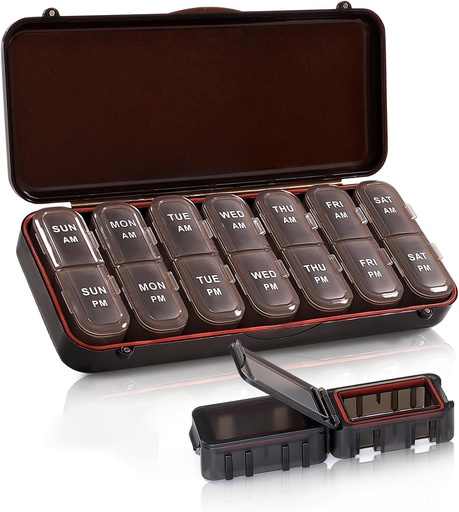 [BRSRAFIOOYARA3QU] Pill Organizer 2 Times a Day, Weekly Travel Case for Vitamins, Fish Oils + 2 Detachable Cute Boxes (Brown)
