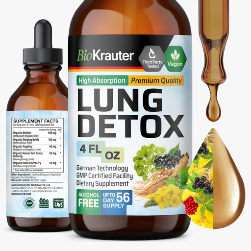[BRSROGA6DMIAACDH] BIO KRAUTER® 5-in-1 Lung Detox with Mullein, Stinging Nettle, Angelica, Ginseng, Black Elderberry Extracts for Immune & Respiratory Support - Lung Support Supplement 4 Fl.Oz., 56-Day Supply