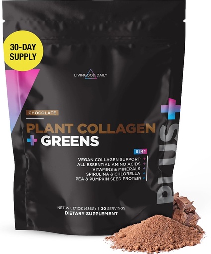 [BRSROZYLAEAQY3DK] Livingood Daily Plant Collagen + Greens Powder, Chocolate, 5-in-1 Collagen Support with Pea Protein, Amino Acids, Spirulina, Chlorella & Vitamin C, Hair Skin Nails Support, Vegan, 30 Servings