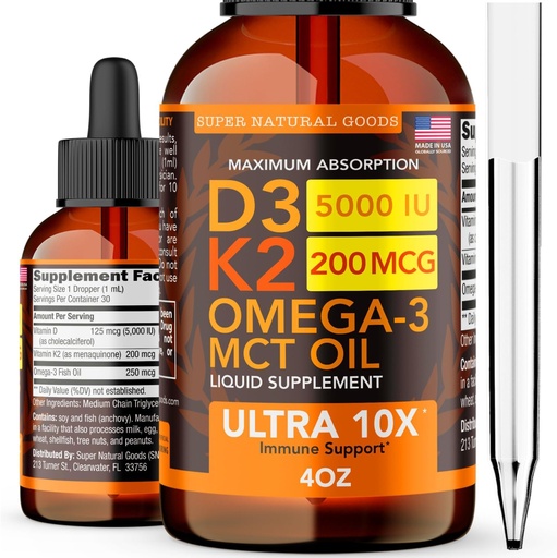 [BRSW2BL7OYHQYCYZ] Vitamina D3 K2 gotas líquidas 5000 UI (4 onças) Vitamina D, K, MCT Oil & Omega 3 osso, coração, articulação, músculo suporte suplemento. Fórmula de Absorção Rápida. 4 em 1 Fórmula Complexo Não-GMO