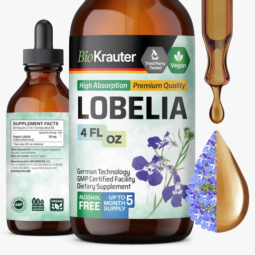 [BRSWGH3QAUPQEDLB] BIO KRAUTER Lobelia tinktúra Lung Cleanse & Detox - Pure Vegan Lobelia Herb Folyékony kivonat - 4 Fl.Oz 168 napos ellátás - Légzőrendszeri támogatás kiegészítés - Alkohol és cukor mentes, nem GMO
