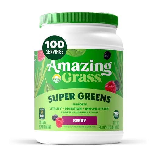 [BRSWIZQFCQGBK3TO] Amazing Grass Super Greens Powder, Organic, Greens Superfood Powder, Smoothie Supplements, Supports Digestion, Probiotics, Spirulina, Beet Root, Berry, 100 Servings, 28.1 Ounce (Packaging May Vary)