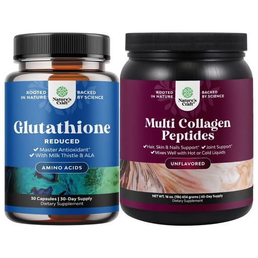 [BRSRA237BAMGYD3D] Bundle of Reduced Glutathione Supplement with Milk Thistle - 500 mg per Serving Pure L Glutathione and Multi Collagen Protein Powder - Keto Hydrolyzed Collagen Peptides Hair Skin & Nails Vitamins