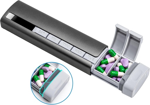 [BRSROHACAEIREFY3] Daviky Metal Travel Pill Organizer, Premium Aluminum Pill Box 7 Day, Weekly Daily Pill Case, Stylish&Cute Pill Holder for Medicines, Supplements and Vitamins (Gray)