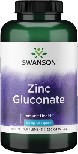 [BRSWIYYOCQCRAALI] Swanson Zinc Gluconate - Suplemento Mineral Promoción de la Salud Prostática, Visión Salud, &amp; Apoyo Inmunitario - Formulario de Gluconato para la Absorción Optimal - (250 cápsulas, 50 mg cada uno)