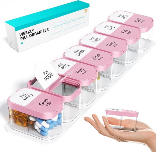 [BRSRMBD7CMMBG23O] Odaro Extra Large Weekly Pill Organizer 2 Times A Day, Pill Box 7 Day Am Pm to Hold Daily Medicine Vitamin and Supplements - Pink