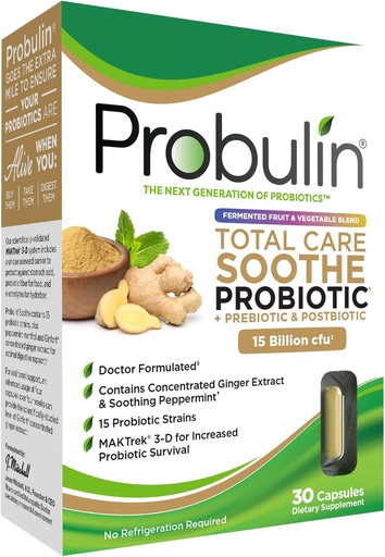[BRSW2AAFBUBWAH3K] Probuliin Kogu hooldus Soothe Prebiootikum, probiootikum ja postbiootikum + ingver ja münt seedetrakti rahustamiseks - 15 miljardit CFU - 15 tüve - 30 vegankapslit