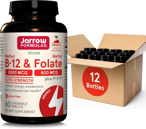 [BRSRMAIOOACQ4FD7] Jarrow Formulas Ultra Strength Methyl B-12 5000 mcg & Methyl Folate 800 mcg + P-5-P, Supplement for Cellular Energy Metabolism and Cardiovascular Support, 60 Chewable Tablets, 60 Day Supply, 12 Packs