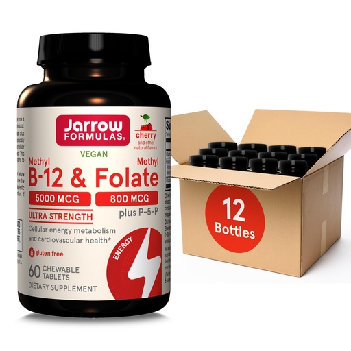 [BRSRMAIOOACQ4FD7] Jarrow Formulas Ultra Strength Methyl B-12 5000 mcg & Methyl Folate 800 mcg + P-5-P, Supplement for Cellular Energy Metabolism and Cardiovascular Support, 60 Chewable Tablets, 60 Day Supply, 12 Packs