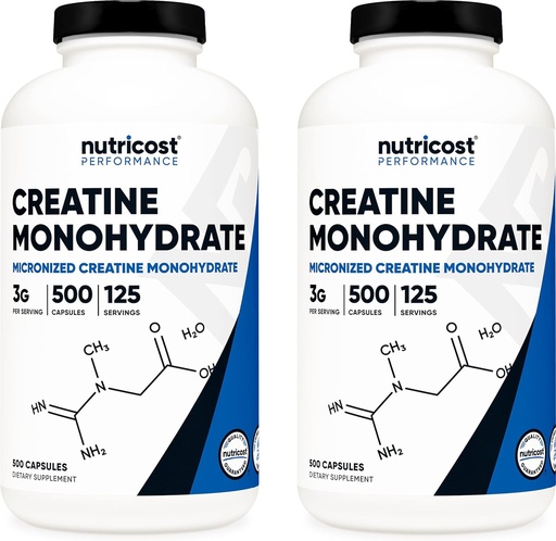 [BRSWKGY6OF6WCFL2] Nutricost Creatine Monohydrate 3000mg Serving, (750mg Per Capsule), 500 Capsules (2 Bottles)
