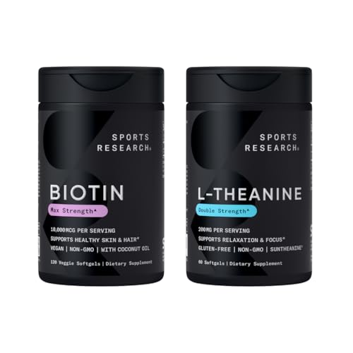 [BRSRAH33BYPB6YD5] Sports Research® Vegan Biotin 10,000mcg with Coconut Oil Max Strength Vitamin B7 120 Softgels (4 Month Supply) and Double Strength L-Theanine Supplement 200mg 60 Softgels