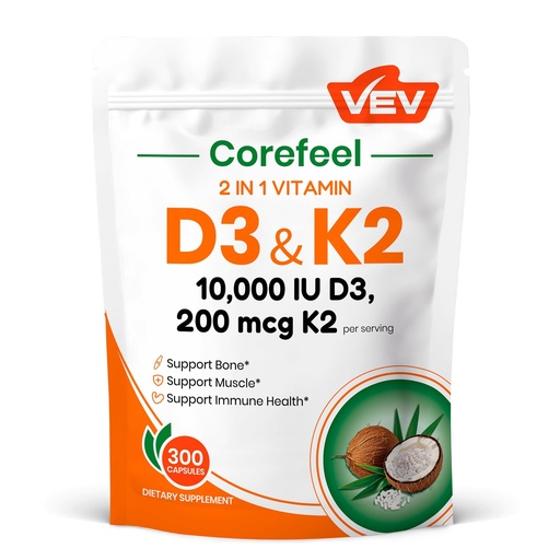[BRSRAEL3BMNQGFDV] VEV Corefeel Vitamin D3 K2, 10,000 IU D3, 200mcg K2 (with MK7), Supports Bone and Teeth Health, Dual Nutrient Support for Daily Wellness, Easy to Swallow – 300 Capsules
