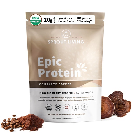 [BRSWGC35O4IGMHY7] Sprout Living, Epic Protein, Plant Based Protein & Superfoods Powder, Complete Coffee | 20 Grams Organic Protein Powder, Adaptogens, Mushrooms, Vegan, Non-GMO, Gluten Free (1 Pound, 12 Servings)