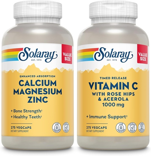 [BRSRA237CAFBU3L6] SOLARAY Calcium Magnesium Zinc and Timed Release Vitamin C - Bone Health, Immune Support Bundle, 1000mg Calcium, 500mg Magnesium, 1000mg Vitamin C Supplement, Vegan, 60-Day Guarantee, 275 VegCaps Cada