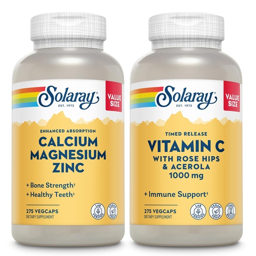 [BRSRA237CAFBU3L6] SOLARAY Calcium Magnesium Zinc and Timed Release Vitamin C - Bone Health, Immune Support Bundle, 1000mg Calcium, 500mg Magnesium, 1000mg Vitamin C Supplement, Vegan, 60-Day Guarantee, 275 VegCaps Each