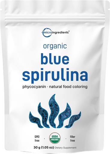 [BRSRAFQ6OECWAADA] Organic Blue Spirulina Powder (Phycocyanin Extract), 30 Servering - Ingen Fishy Duft, 100% Vegan Protein fra Blue- Green Algae, Naturlig selvlysende fødevarer farve til smoothies, Bagning, Drinks & Madlavning