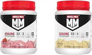 [BRSRAY33A56A223K] Muscle Milk Genuine Protein Powder Bundle, Strawberries 'N Crème 1.93 Pounds 12 Servings 32g Protein 3g Sugar and Banana Crème 1.93 Pounds 12 Servings 32g Protein 4g Sugar