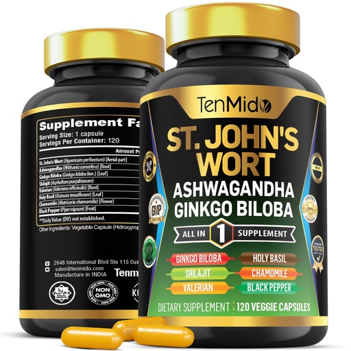 [BRSRAGD4AEIWYHY6] St.John's Wort Supplement - 8in1 Formula - Combine with Ashwagandha, Ginkgo Biloba, Shilajit, Valerian, Holy Basil, Chamomile, and Black Pepper - 120 Vegan Capsules for 4 Months Supply
