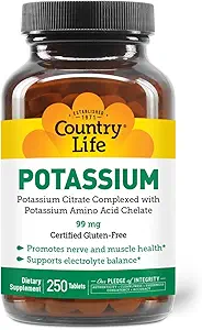 [BRSWIYTYOVYRGH3I] Country Life Potassium 99 mg Tablets - Chelated for Enhanced Absorption, Supports Neuromuscular Function & Electrolyte Balance, Certified Gluten Free, Vegan, Kosher, 250 Tablets