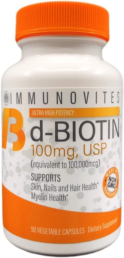 [BRSWGEITCUDQIYD3] IMMUNOVITES High Dose Biotin (as d-Biotin, USP) 100mg (Equivalent to 100,000mcg) 90 Capsules, High Potency