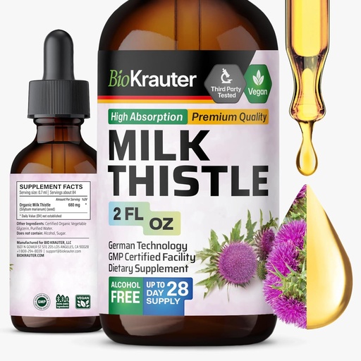 [BRSROGARO4FQME3Z] BIO KRAUTER Lait Thistle gouttes liquides - Lait Thistle Silymarin Supplément de soutien du foie - Teinture sans alcool et sans sucre pour nettoyer le foie Detox - 2 Fl. Oz.
