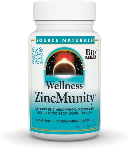 [BRSW2BQ2OAAQGYAV] Source Naturals Wellness ZincMunity, Supports Zinc Absorption, Metabolism and Utilization for Immune Health*, 50 mg Zinc - 30 Vegetarian Capsules