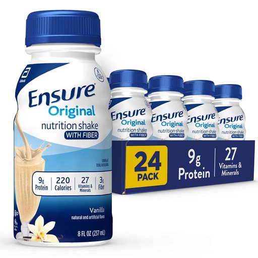 [BRSWGEI7DENBS2A2] Ensure Original Vanilla Nutrition Shake With Fiber | Small Meal Replacement Shake | Ready to Drink | 9g Protein, 27 Vitamins and Minerals | 8 fl oz - 24 Pack