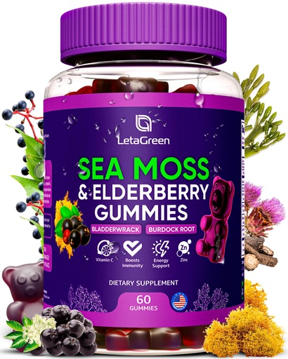 [BRSROED6OAHBYDY3] Irish Sea Moss Gummies – Bladderwrack Burdock Root Elderberry Vitamin C & Zinc – 60 Vegan Seamoss Gummy Bears for Adults Kids Men Women – Multimineral Elderberry Vitamins