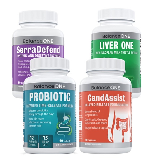 [BRSW2AQNOJ7BEC32] Balance ONE 4-in-1 Bundle | Probiotic, CandAssist, Liver One, SerraDefend | 15 Billion Probiotic | Natural Cleanse with Caprylic Acid | Liver Support with Milk Thistle | Systemic Enzyme Blend