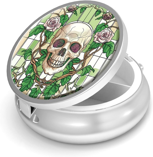 [BRSRAGAYCEGWAHQV] Pill Box-3 Konpartimentu txikia Purse & Pocket Mini Metal Pill Holder Travel Pill Edukiontzia BPA-Free (Skull eta Rose) bitaminak edukitzeko