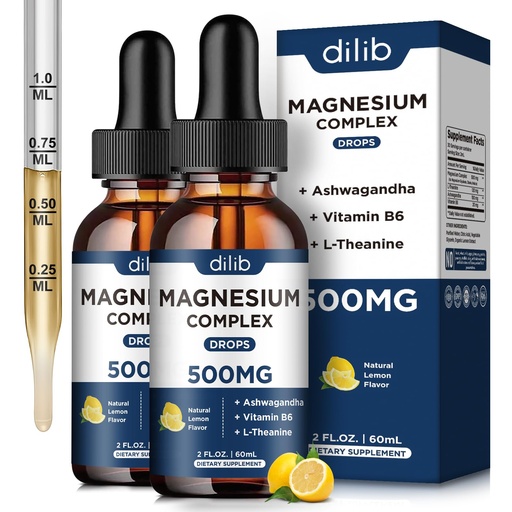 [BRSROZICOQHROH3B] (2 Pack) Magnesium Glycinate, Citrate, Malate Liquid Drops-Triple Magnesium Complex Supplement 500mg with Ashwagandha, L-Theanine, Vitamin B6-Support Calm, Stress Relief, Sleep, Muscle-Lemon Flavor