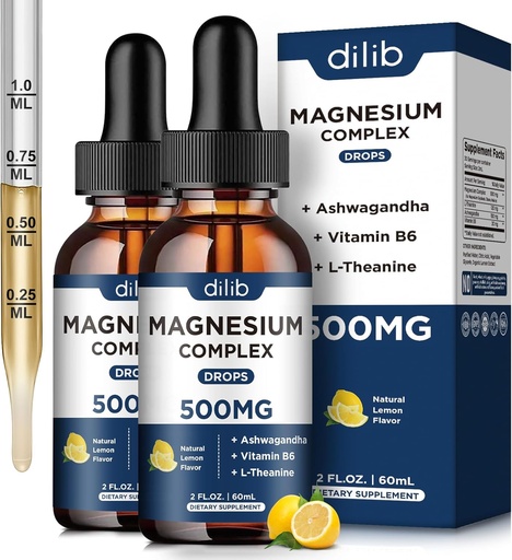 [BRSROZICOQHROH3B] (2 Pack) Magnezyum Glycinate, Citrate, Malate Liquid Drops-Triple Magnezyum Kompleksi 500 mg Ashwagandha, L-Theanine, B6-Depre Calm, Stres Yardımı, Uyku, Kas-Lemon Flavor
