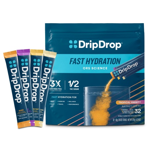 [BRSW2BQ5CEIQEALU] DripDrop Hydration Packets - Tropical Variety Pack - Single Serve Electrolytes Powder Drink Mix - Mango, Açaí, Passion Fruit, Piña Colada - Non-GMO, Gluten Free, Vegan - 32 Sticks