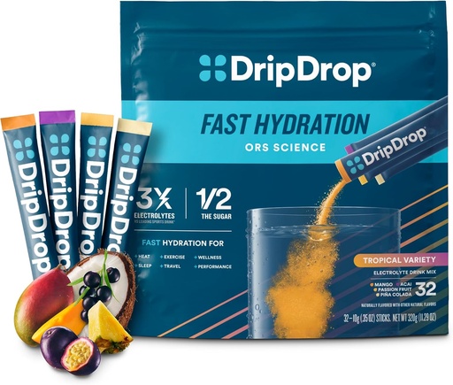 [BRSW2BQ5CEIQEALU] DripDrop Hydration Pakker - Tropical Variety Pack - Single Serve Electrolytes Powder Drink Mix - Mango, Açaí, Passionsfrugt, Piña Colada - Non- GMO, Gluten Free, Vegan - 32 sticks
