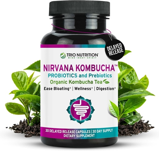 [BRSWGBD2OABRODIU] TRIO NUTRITION Nirvana Kombucha - Multi-Strain Probiotics & Prebiotic Blend with Organic Tea - Delayed-Release Capsules for Digestive & Immune Health - Bloating Relief - Natural pH Balance