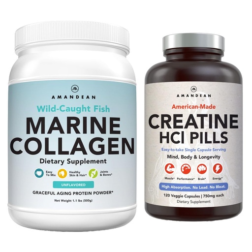 [BRSRAZINC4BA2DLD] AMANDEAN Premium Creatine HCl & Marine Collagen Bundle. USA-Made CON-CRET. Wild-Caught Hydrolyzed Fish Collagen Peptides. Anti-Aging Longevity. Support Recovery, Lean Muscle, Healthy Skin.