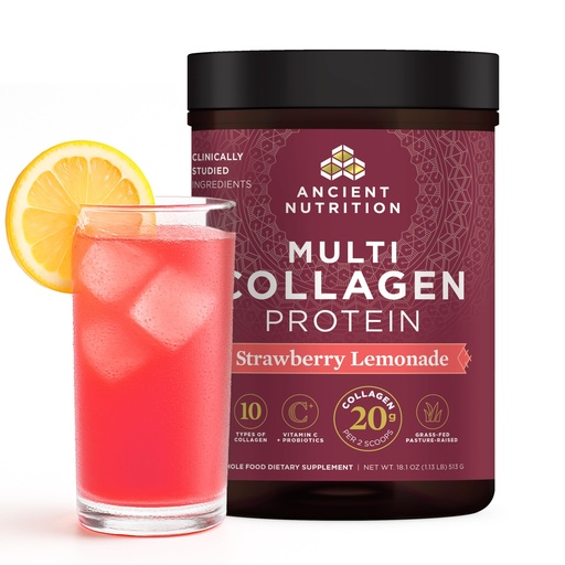 [BRSWGFT5OIORQELV] Ancient Nutrition Hydrolyzed Collagen Peptides Powder with Probiotics, Strawberry Lemonade Multi Collagen Protein for Women and Men with Vitamin C, 45 Servings, Supports Skin and Nails, Gut Health, 18