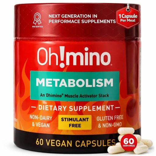 [BRSRAFQYBEOWADQ6] Oh!mino Metabolism Support Supplement for Efficient Fat to Energy Conversion w/L-Carnitine, Phenylcapsaicin, & Vitamin B3 - Non-Jitters, Stimulant-Free, Vegan, Non-Dairy Capsules (60 Servings)