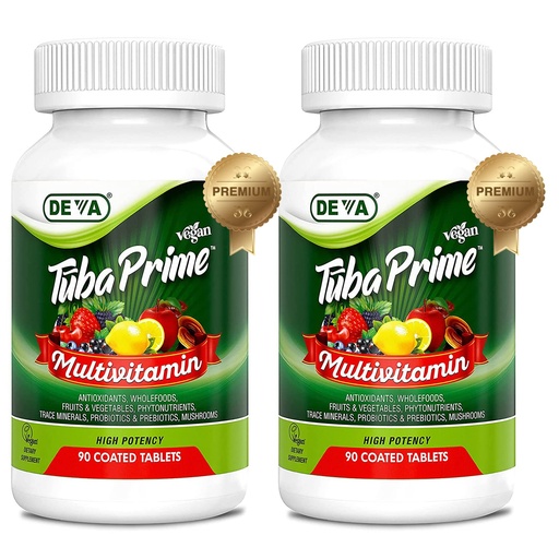 [BRSW2GIEA4NAKEI6] DEVA Tuba Prime Vegan Multivitamin High-Potency Vitamin and Mineral Dietary Supplement Antioxidants, Fruit and Vegetable Blend, Super Mushrooms, Probiotics, Prebiotics, Seeds, Herbs - 90 Tabs, 2-Pack