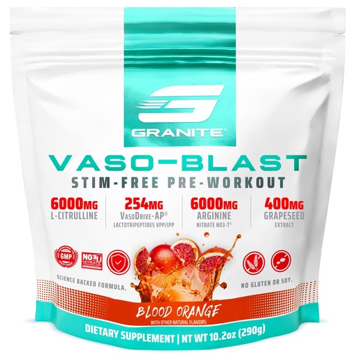 [BRSW2FTRCIGWGCY2] Granite Nutrition Vaso Blast Stim-Free Pre Workout - Non-Stim Nitric Oxide Support for Pump, Physique, and Muscle Capacity - Blood Orange (290g)