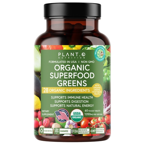[BRSW2YI5BN6QK3DD] Plant.O Organic Super Greens [Fruit & Veggie Supplement] High Absorption Antioxidants from Green Powder with Alfalfa, Beet Root, Tart Cherry for Immune Support, Gut Health, Energy, 60 Veggie Tablets