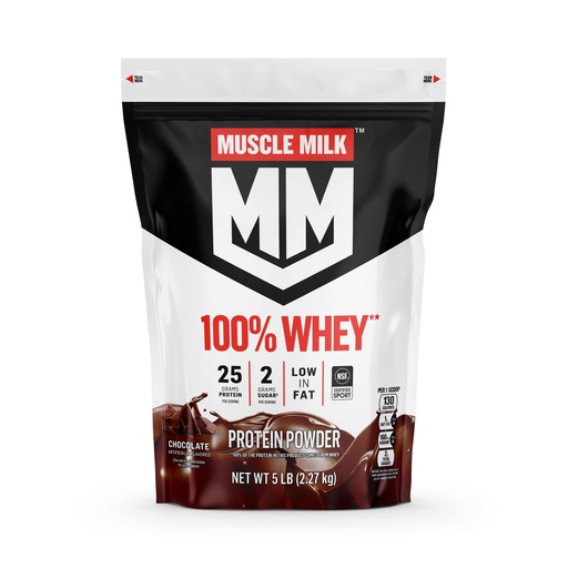 [BRSWKYT7DEBWM3TG] Muscle Milk 100% Whey Protein Powder, Chocolate, 5 Pound, 66 Servings, 25g Protein, 2g Sugar, Low in Fat, NSF Certified for Sport, Energizing Snack, Workout Recovery, Packaging May Vary