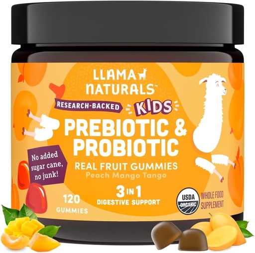 [BRSRMATRPMARSD3G] Llama Naturals Kids Probiotic with Prebiotic Fiber, Vegan, Organic Prebiotics and Probiotics Gummies for Gut Health Support, Toddler Real Fruit Gummy Vitamins, No Added Sugar Cane, Peach Mango, 120 Ct