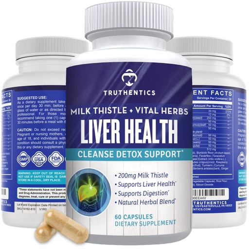 [BRSW2BQ3DN6RAFDZ] TRUTHENTICS Liver Health Supplement - Milk Thistle Liver Health Formula with Artichoke Extract, Dandelion, Turmeric, and More - Natural Detox Support for Men & Women - 60 Capsules