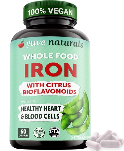 [BRSWGEIROAGR4A35] Yuve 100% Vegan Whole Food Chelated Iron Supplement 18mg – Tasteless, Non-Constipating, Gentle on Stomach, Energy Support – Gluten-Free, Non-GMO, 60 Capsules