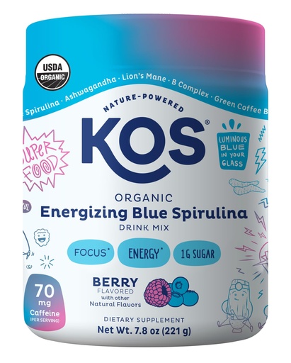 [BRSWYFQCAR4BSCTG] KOS Energizing Blue Spirulina Blend - USDA Certified Organic - B Vitamins, Ashwagandha, Ginseng, Adaptogens, Biotin - Vegan Pre Workout Powder - Caffeinated, Berry Flavored, 28 Servings