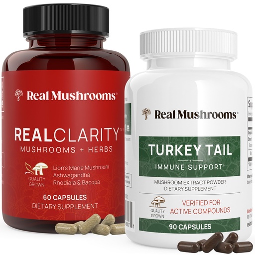 [BRSW2AD6CAFRUA3B] Real Mushrooms RealClarity (60ct) and Turkey Tail (90ct) Capsules Bundle - Mushroom Supplement for Mental Clarity, Focus & Immune Support - Vegan, Non-GMO, Verified Levels of Beta-Glucans