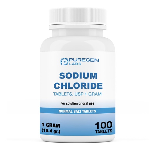 [BRSROHT3BYMRGD36] Puregen Labs Sodium Chloride Tablets 1 gm (1000 mg), USP | (15.4gr.) | 100 Count | Normal Salt Tablets | Electrolytes Replenisher Hydration Drink